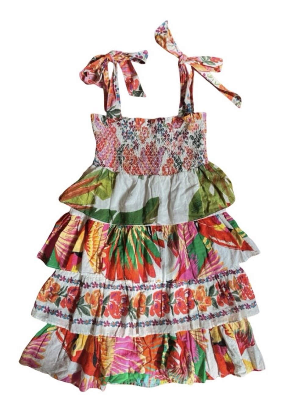 Farm Rio Mixed White Print Layered Dress M Tropical Floral Tiered cotton smocked - Picture 3 of 6